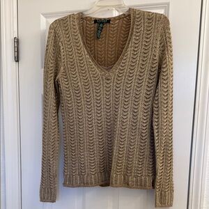 Ralph Lauren Tan V-Neck Sweater with Open-Knit Design